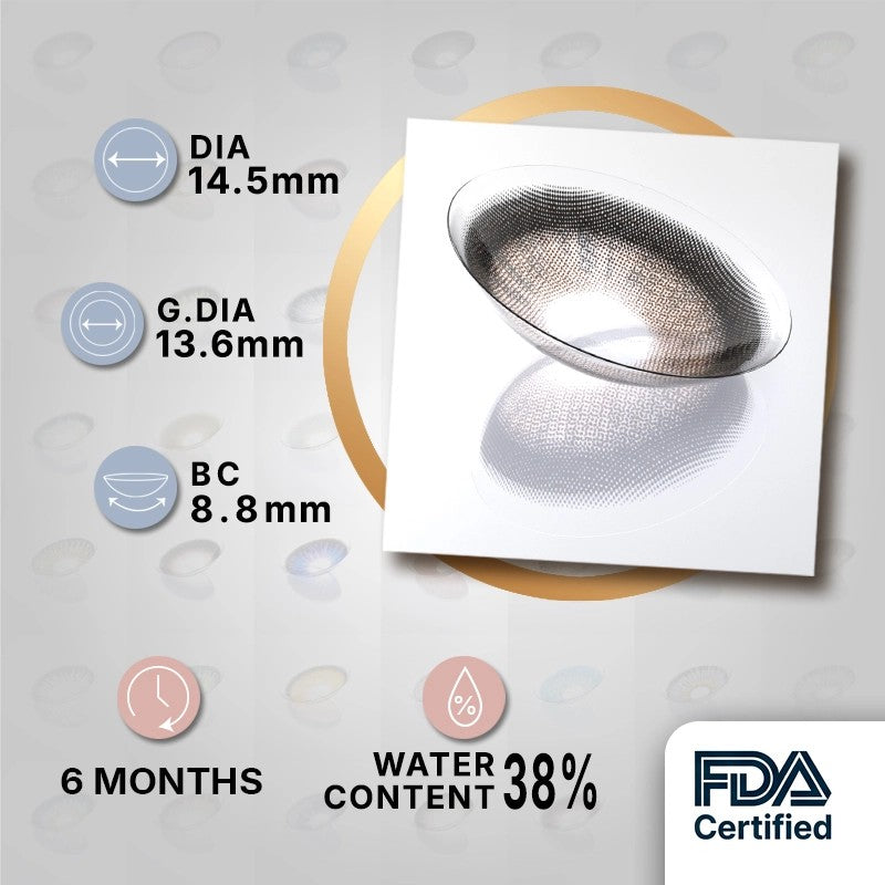 MIIEMO Warm Hazel Brown product specifications infographic showing DIA 14.5mm, GDIA 13.6mm, BC 8.8mm, 6 months wear, 38 percent water content, FDA certified