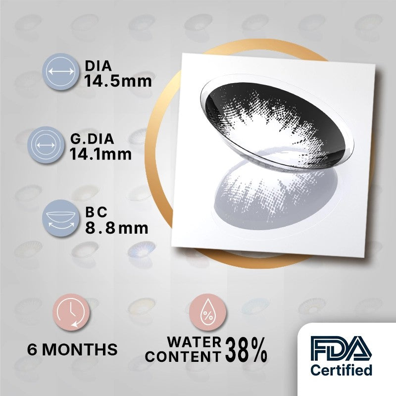 MIIEMO Noir Spark Black product specifications infographic showing DIA 14.5mm, GDIA 14.1mm, BC 8.8mm, 6 months wear, 38 percent water content, FDA certified