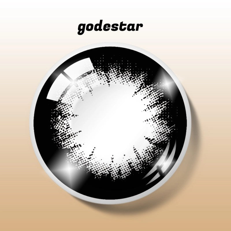 Detailed digital rendering of MIIEMO Noir Spark Black contact lens with godestar logo showing intricate starburst black pattern