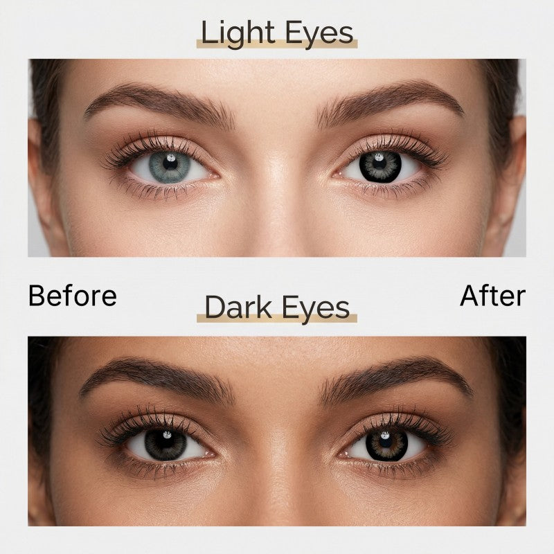 Before and after comparison of MIIEMO Noir Spark Black cosmetic lenses on naturally light eyes and dark eyes